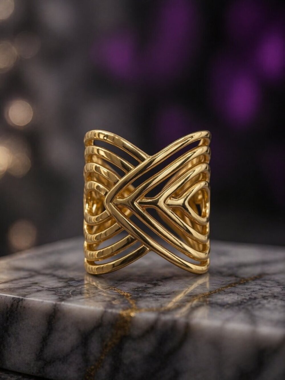 Art Deco 18K Gold Plated Geometric V Band Adjustable Statement Ring 8-10 NWT
